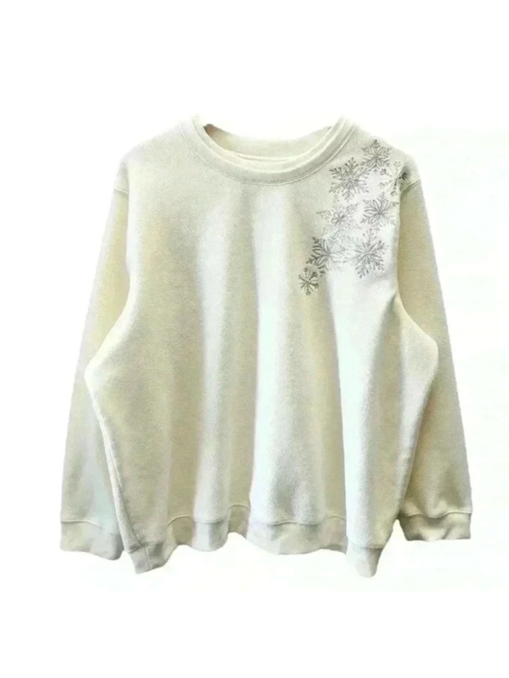 Vintage Ivory Sweatshirt Snowflake Embroidered Fleece Crewneck 3X